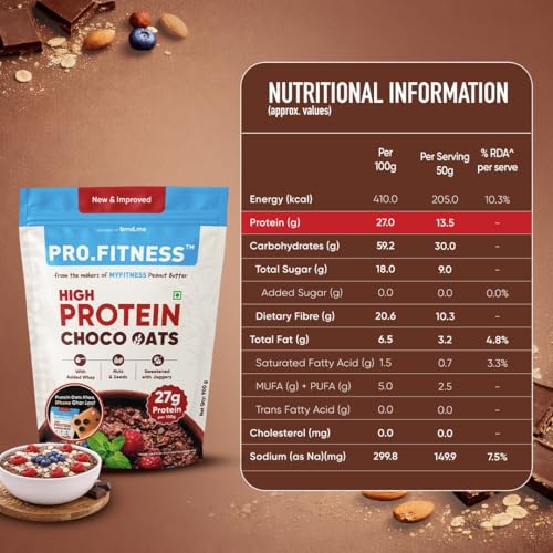 Image of PRO.FITNESS 27g High Protein Oats 900g (By MyFitness) | Dark Chocolate Oats with Almonds, Pumpkin Seeds and Raisins| Chocolate Rolled Oats with Jaggery - No Refined Sugar | Breakfast Cereals