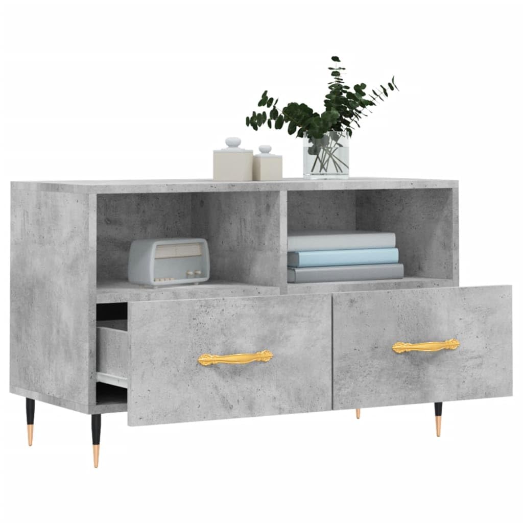 Mobile TV grigio cemento in legno con gambe in ferro, 80 x 36 x 50 cm, mobile basso con vano portaoggetti, cassetti e ripiano, mobile moderno per soggiorno, per gaming, home theater e