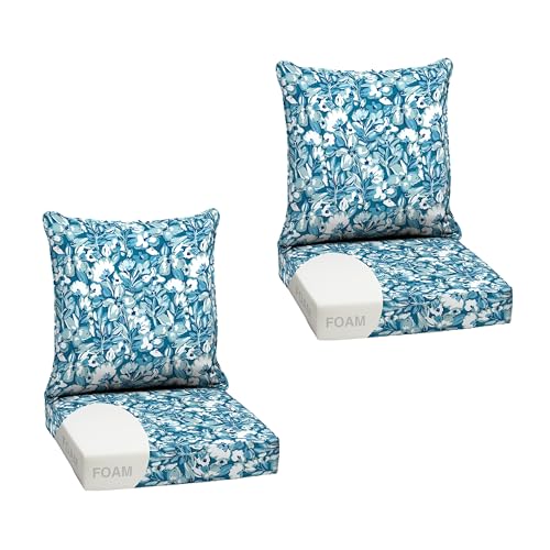 Image of Arden Outdoor Foam Deep Seat Cushion Set, 2-Pack, 24x24, Premium High-Density Foam, Never Flattens, Weather-Proof for Patio Chair Sofa Couch, Aqua Blue Fusion Floral