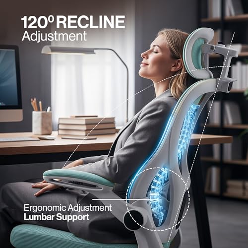 Image of DROGO Ergonomic Office Chair for Work from Home with Breathable Mesh, Flip-up Armrest, Adjustable 3D Headrest & Lumbar Support | Computer Chair for Study | Gaming Chair with 130 Recline (White /Green)