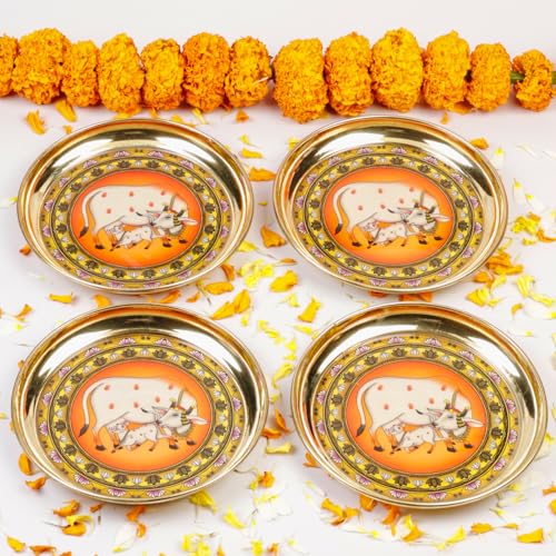 Image of Klassic 6 Inch Handcrafted Brass Thali /Aarti Plate | Cow Design, Beautifully Embossed Colorful Decorative Plate for Puja /Worship, Aarti, Karwa Chauth, Navratri, Diwali Gift | Medium(Pack of 4, Golden)