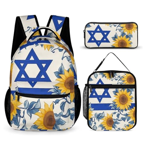 Israel Flag Israeli Star Sunflowers 3 PCS Backpack Set Casual Daypack with Insulated Lunch Bag & Pencil Case