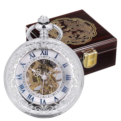 Image of ManChDa Pocket Watch Retro Smooth Classic Mechanical Hand-Wind Pocket Watch Steampunk Roman Numerals Fob Watch for Men Women with Chain + Box