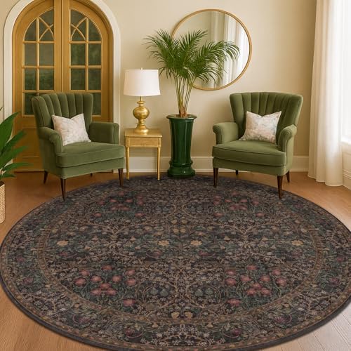 Washable Dark Brown Round Rug for Living Room, 8ft Vintage Rugs for Dining Room Under Table, Ultra Soft Large Circle Bedroom Rugs Under Bed, Oriental Non-Slip Floral Circle Floor Carpet Décor