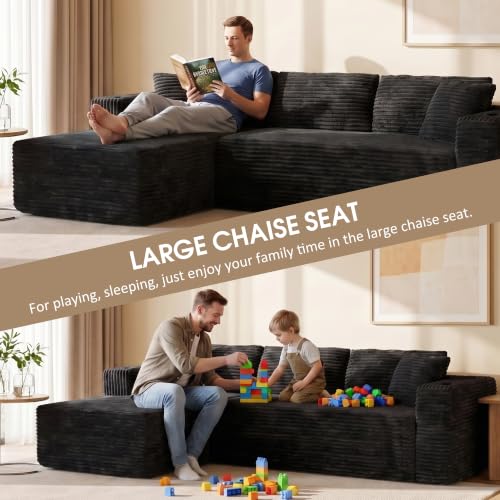 Image of 103 inch Modular Boneless Couches,Sectional Sofa for Living Room with 2 Cup Holders,Memory Foam Cloud Couch with L Shaped Oversized Chaise,No Assembly Needed Plush Corduroy Sofa,Black