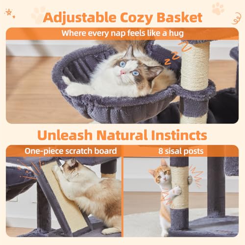 Image of Taoqimiao Cat Tree 57.5-Inch, Cat Tower for Indoor Cats Large Adult, Extra Large Cat Condo, 8 Sisal Scratching Posts, Metal Frame Cozy Hammock, Durable Scratch Board, 2 Top Perches, Smoky Gray MS026G