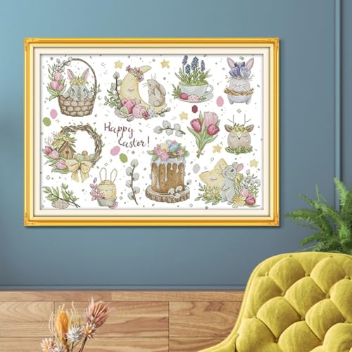Image of Rosyfoxes Cross Stitch Kits Stamped Full Range of Embroidery Starter Kits for Beginners DIY 14CT 2 Strands - Printed kit Easter Bunny (Printed) 22.8x16.9 inches