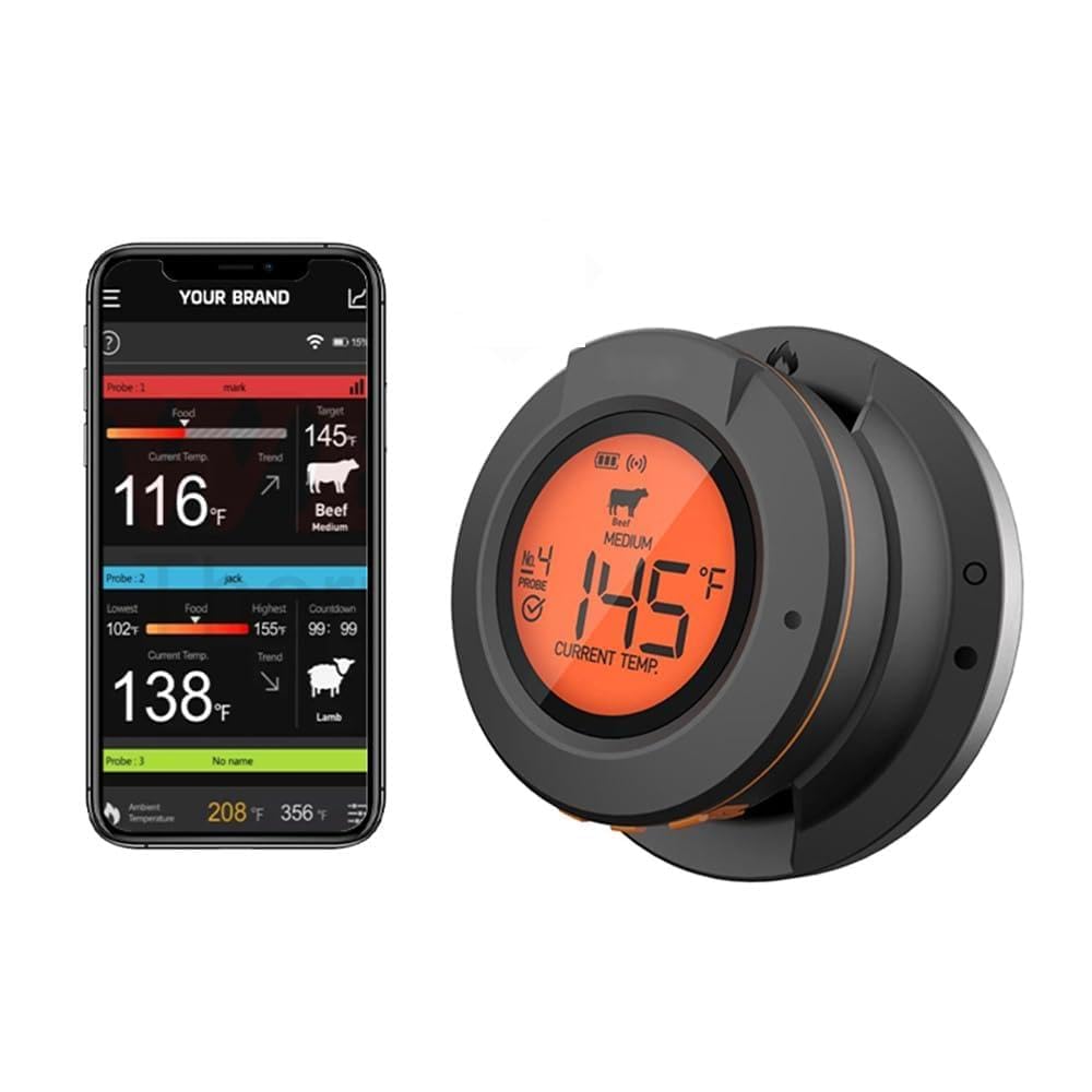 Domary Termómetro Inalámbrico para Carne con 4 Sondas, IP64 BT4.2 Termómetro para Asar Horno Ahumador, Control de Aplicación Sonda Extraíble Pescado de Carne Pavo