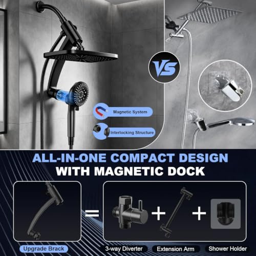 Image of 12 Inch High Pressure Rainfall Shower Head Combo,9 Settings Handheld Shower | Height /Angle Adjustable, 3 Spray Modes, Anti-leak, Built-in Magnetic Docking,Washing Jets,Holder, 59 inch Shower Hose, 1.75GPM