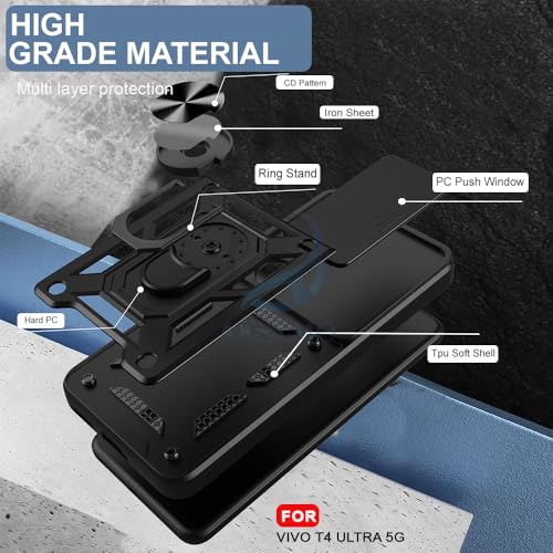 Image of AESTMO Tough Armor Vivo T4 Ultra 5G Bumper Back Case Cover | Ring Holder & Sliding Camera Shield Cover | 360 Degree Protection Back Case Cover for Vivo T4 Ultra 5G (Black)
