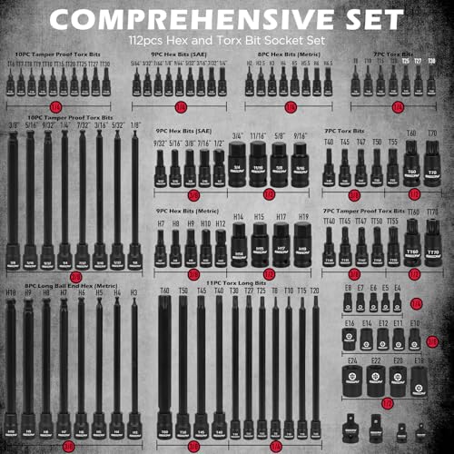 Image of 112-Piece Torx and Allen Bit Socket Set, 1 /4 inch, 3 /8 inch,1 /2 inch Drive Bit Socket Set with Quick-Release Ratchet Wrench, Adapters, Extra long torx /Tamper proof torx /Hex /Ball End Hex /E-Trox,SAE /Metric,S2 Steel