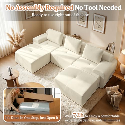 Image of 122 inch U Shaped Oversized Boneless Couch, Comfort Cloud Sectional Couches for Living Room, Modular Sofa High Back & Extra Deep Seat, No Assembly, Chenille(Warm White, 122 inch-U Shaped（3+2）)