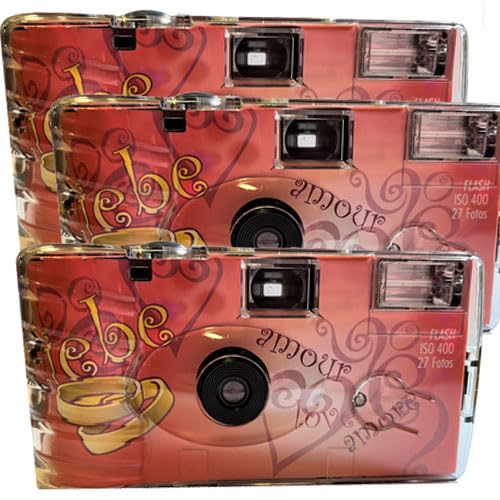 Lot de 3 appareils photo jetables 1A PORST Edition Amore & Liebe avec cœurs, avec flash, piles et film (lot de 3, 27 prises chacune)