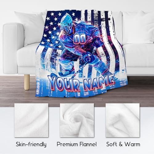 Hockey Blanket, Personalized Boys Blanket, Custom Ice Hockey Gifts for Sports Lovers, Cozy Flannel Throw for Adults, 60"x80"