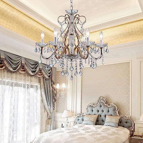 Bestier Antique Silver Vintage Candle Chandelier Crystal Lighting Fixture Lamp for Dining Room Bathroom Foyer Livingroom 6 E12 Bulbs Required D24 in x H26 in