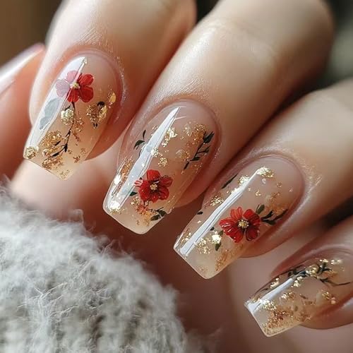 Summer Press on Nails Short Coffin Fake Nails with Flower Glitter...