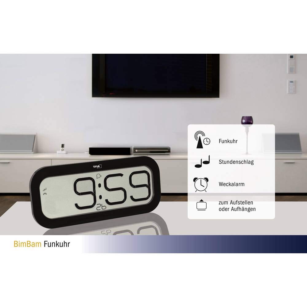 TFA Dostmann Bim Bam radiowy zegar ścienny, tworzywo sztuczne, czarny, dł. 332 x szer. 39 x wys. 178 mm
