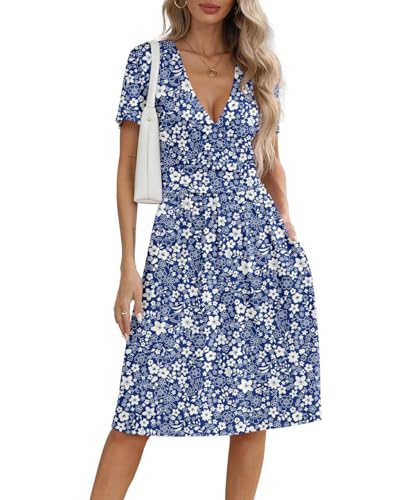 Image of NILOUFO Women's Summer Short Sleeve Casual Dress Wrap V Neck Party Midi Dresses with Pockets