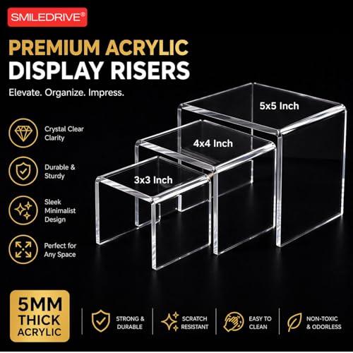 Image of SMILEDRIVE Acrylic Display Risers Set of 3, 5MM Thick, 3x3, 4x4, 5x5 Inch | Transparent Stand, For Jewelry, Collectibles, Cupcakes & Retail