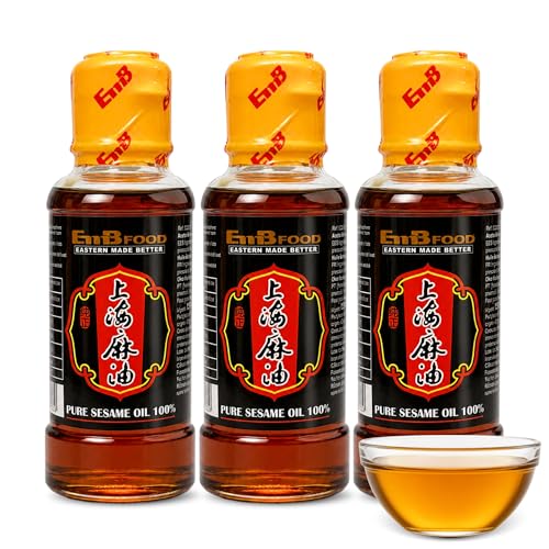 Aceite de Sésamo puro y Natural, Producido en China, ideal para Wok, Ramen, Sushi, noodles, arroces, Verduras y Ensaladas, 100% tostado sésamo, Recipiente de cristal, Contiene 3 botella de 150 ml