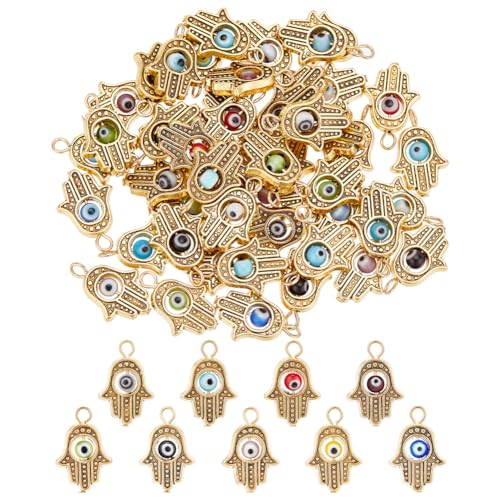 DICOSMETIC 60Pcs Hamsa Hand Pendants Alloy Evil Eye Beads Charms Golden Hand of Fatima Charms Antique Protection Jewelry Making Findings for DIY Necklace Bracelet Hole: 1.6mm