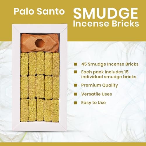 Image of Smudge Incense Pack of 3 (45 Bricks & 3 Holders) with Peru Palo Santo Wood, California White Sage, Sandalwood Powder, Long-Lasting Calming Aroma for Yoga, Meditation,Rituals & Home Purification