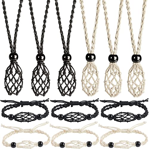 weryerker 12 PCS Crystal Necklace Cord and Bracelet Cord Empty Stone Holder Replacement Hand-Woven Necklace Cord with Adjustable for Stone DIY Bracelet(Black + Beige)