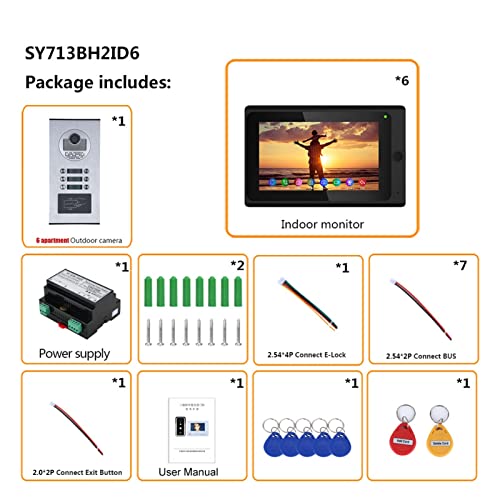 Videoportero con cámara de alta definición, Por cable Wifi 7 Pulgada Autobús 2 Kit de sistemas de intercomunicación telefónica de video de cable for casa 6 unidades Apartamento Night Vision Soporte re