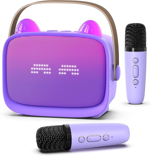 Image of ShinePick Mini Karaoke Machine for Kids with 2 Wireless Mics, Portable Bluetooth Speaker with 5 Magic Voice Effects & RGB Emoji LED Lights, Rechargeable Party Box Birthday Gift for Boys Girls (T99)