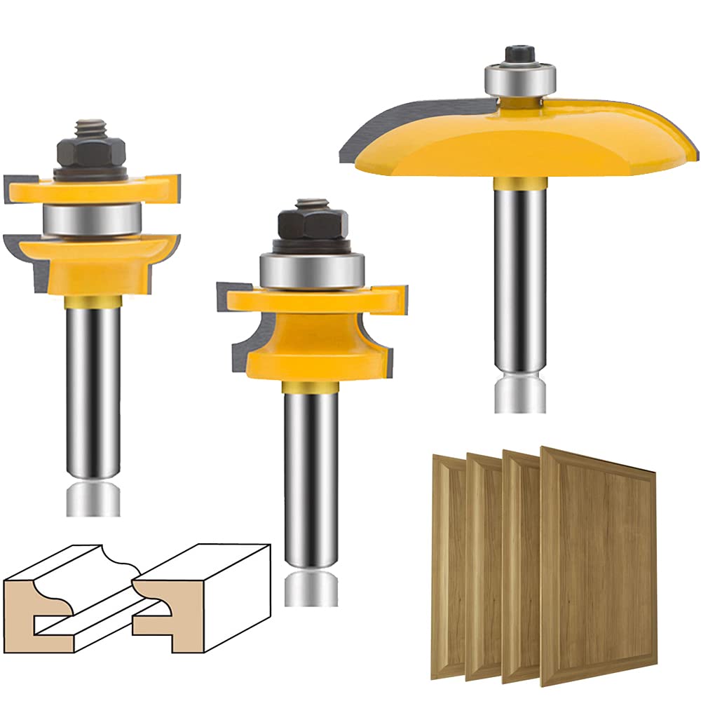LEATBUY-TECH LEATBUY 1/2 Inch Shank Router Bit, 3PCS Round Over Raised Panel Cabinet Door Ogee Rail and Stile Router Bits, Woodworking Wood Cutter, Wood Carbide Groove Tongue Milling Tool(1/2-Single)