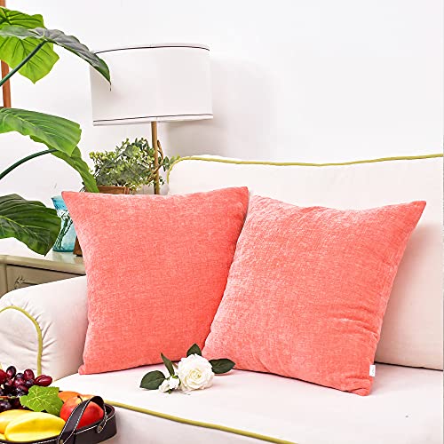 CaliTime Pack of 2 Cozy Bolster Pillow Covers Cases for Couch Sofa Home Decoration Solid Dyed Soft Chenille 55cm X 55cm Living Coral - Image 4