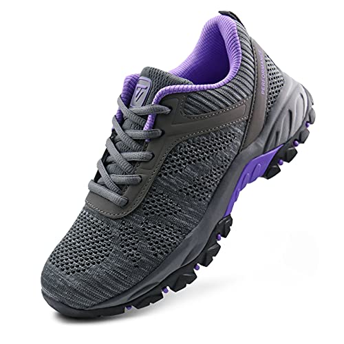JABASIC Women Hiking Shoes Outdoor Knit Trekking Sneakers (9,Grey/Purple)