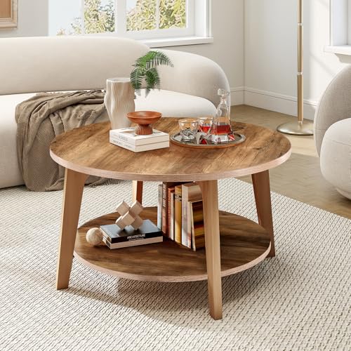 OLIXIS Round Coffee Table, 32'' Wood Coffee Tables for Living Room with Storage, 2-Tier Center Circle Counter with Wooded Desktop, 50 lbs Capacity, Anti-Slip Feet, Modern Farmhouse Design, Brown