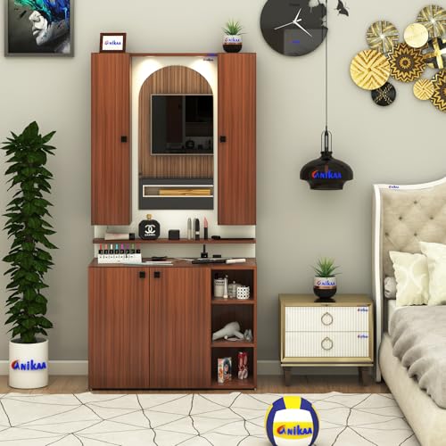 Image of Anikaa Opulex Engineered Wood Dressing Table with Mirror Cabinet, LED Lights, Storage Shelves & Back Panel - Wall Mounted Makeup Vanity & Organizer for Bedroom -(Walnut /White) DIY Installation