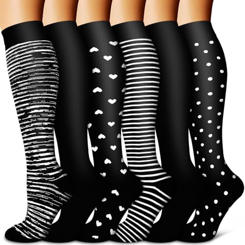FuelMeFoot 6 pares de calcetines de compresión para hombre y mujer, coloridos, calcetines de compresión, calcetines de apoyo para correr, deportes, vuelo, viajes, ciclismo.