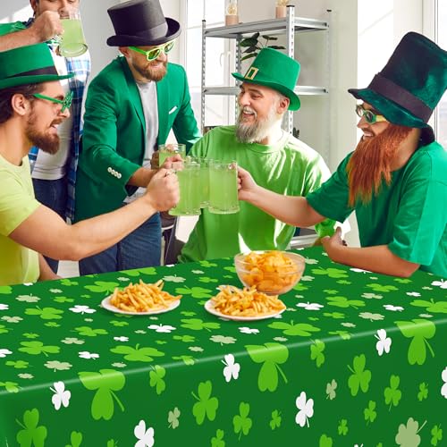 Image of 12 PCS St Patricks Day Tablecloth, Disposable 108 inch X 54 inch Shamrock Green Plastic Tablecloths, Lucky Shamrock Decor St Patricks Day Decorations for Table, Rectangle Irish Table Cover for Green Party