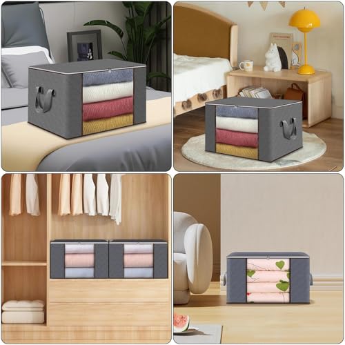 Zikenis 6 Stück 60L Aufbewahrungstasche,Aufbewahrungsbox mit Deckel,Faltbare Kleideraufbewahrung Umzugskartons mit Verstärkt Griff, Kleiderschrank Organizer,für Kleidung Bettdecken und Bettwäsche,Grau