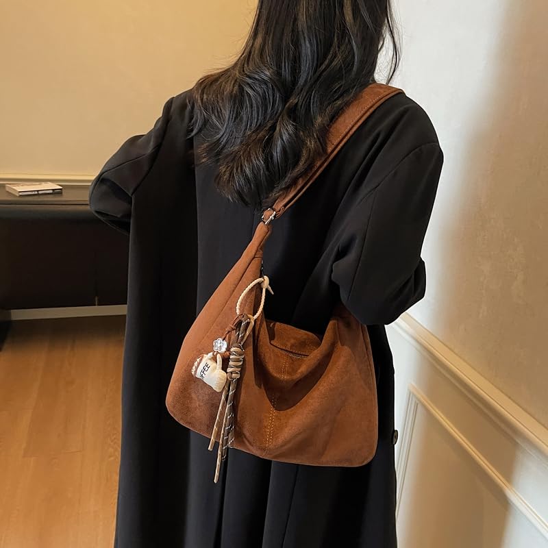 Y2K Faux Suede Shoulder Bag for Women, Vintage Top Handle Bag for Women, Slouchy Hobo Bag with Zipper Closure4
