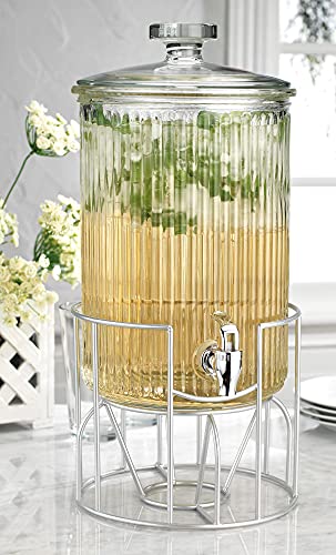 Modern Ribbed 2 Gallon Ice Cold Clear Glass Beverage Drink Dispenser With Lid & Metal Stand Wide Mouth -For Easy Filling- For Outdoor, Party & Daily Use