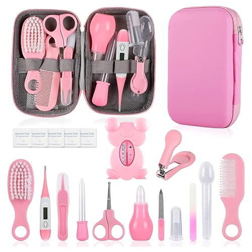 Baby Grooming Kit, Infant Safety Care Set with Hair Brush Comb Nail Clipper Nasal Aspirator,Baby Essentials Kit for Newborn Girls Boys (Pink Baby Grooming Kit)