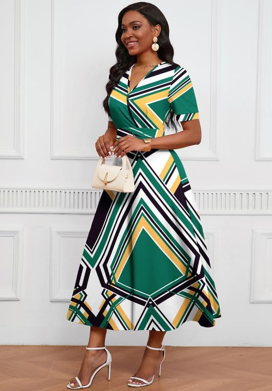 Image of MarryUP Women's Midi Dresses - V Neck Cocktail & Church Tea Dresses - Short Sleeve A-Line Swing Dress