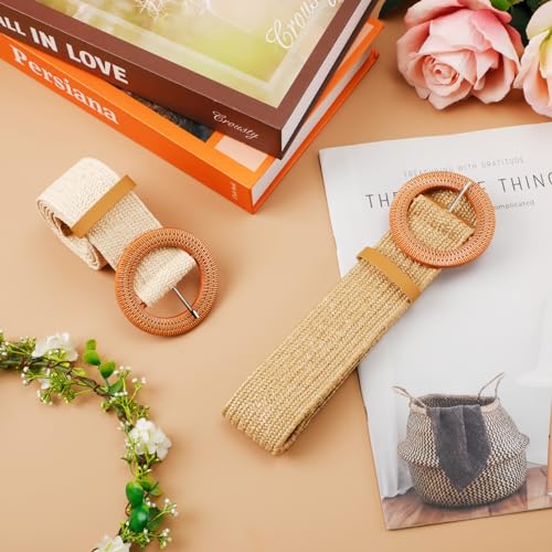 2pcs Braided Waist Belts for Women, Straw Woven Elastic Belt Summer Dress Belts Boho Wide Stretch Braided Belt with3