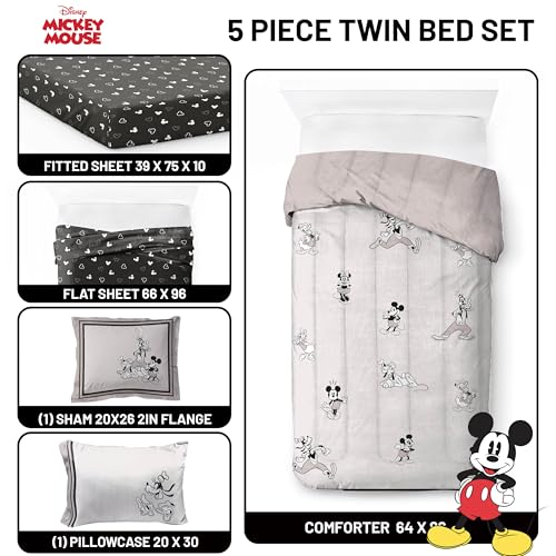 Image of Disney Mickey Mouse and Friends Twin Comforter Set 5 Piece Bedding, Beige | Minnie Donald Goofy, Bed in a Bag, Comforter Sheets Sham Pillowcase, Official Product, Soft Microfiber, Machine Washable