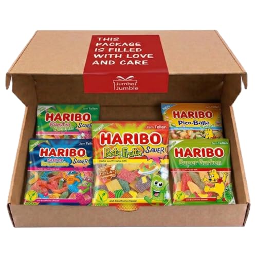Jumbo Jumble Selection: Veganer Süßigkeiten-Mix Haribo Fruchtgummi-Set (5er-Pack). Gelatinefrei & V-Label. Veganes Bundle: Super Wummis Pasta Frutta Super Gurken Pasta Penne und Pico-Balla Sauer