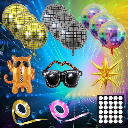 UTMACH 12 Piezas 22 Inch Globos de Bola de Discoteca 4D Globo de Discoteca Metálicos Globos de Explosión de Estrella,gafas de sol,gato Decoración de Fiesta Disco para Retro Party Boda Cumpleaños