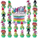 25pcs Cartoon Troll -s Birthday Cake Topper, Troll -s theme Cupcake Toppers for Kids Birthday Party Supplies