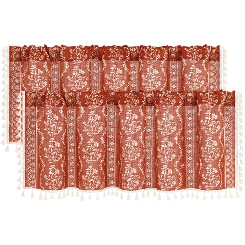 Image of Yinhua 2 Pack Boho Valance Curtains Vintage Linen Kitchen Valances for Windows Light Filtering Valance Rod Pocket Farmhouse Rustic Tassel Window Valances for Bathroom Cafe, 52 inch W X 18 inch L, Terracotta