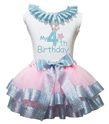 Falda de pétalos rosa 4 cumpleaños con lazo azul brillante para fiesta infantil