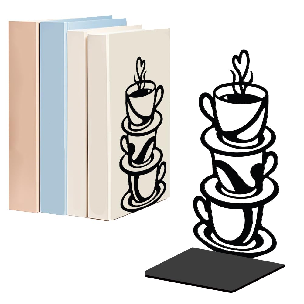 WADORN 1 Pair Coffee Cup Metal Decorative Bookend for Shelves, Heavy Duty Book Ends Modern Non-Skid Books Holder Stand Black Coffee Books Support Stoppers for Desk Bookshelf Office, 5.3x4.3x7.9 Inch