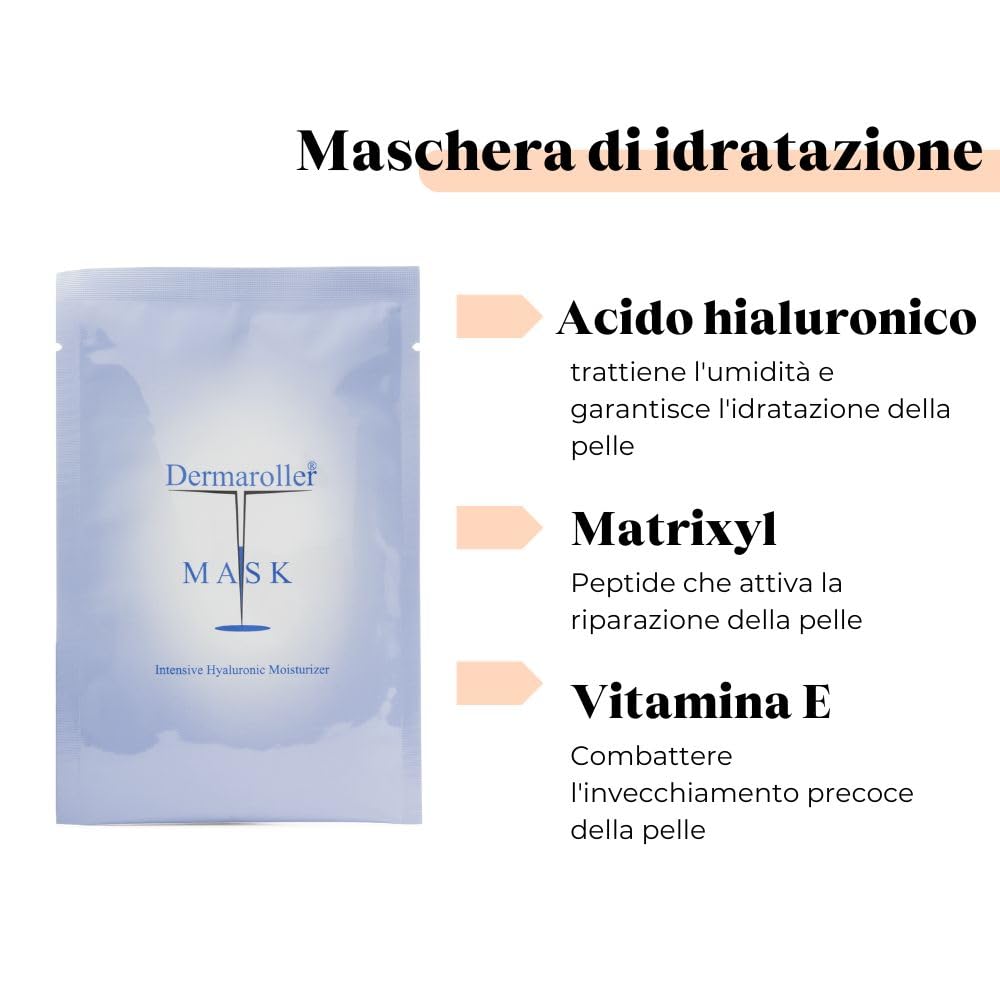 Dermaroller - Maschera viso all'acido ialuronico contro la pelle secca - Skincare Idrata, riduce le rughe, favorisce la formazione di collagene - 1 x 5 pezzi) (confezione da 5)